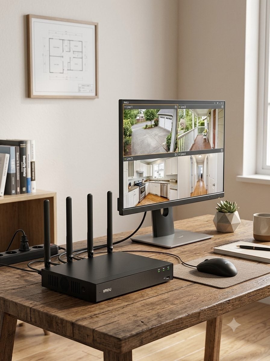 NVR Imou con 4 cámaras en vivo, en un home office