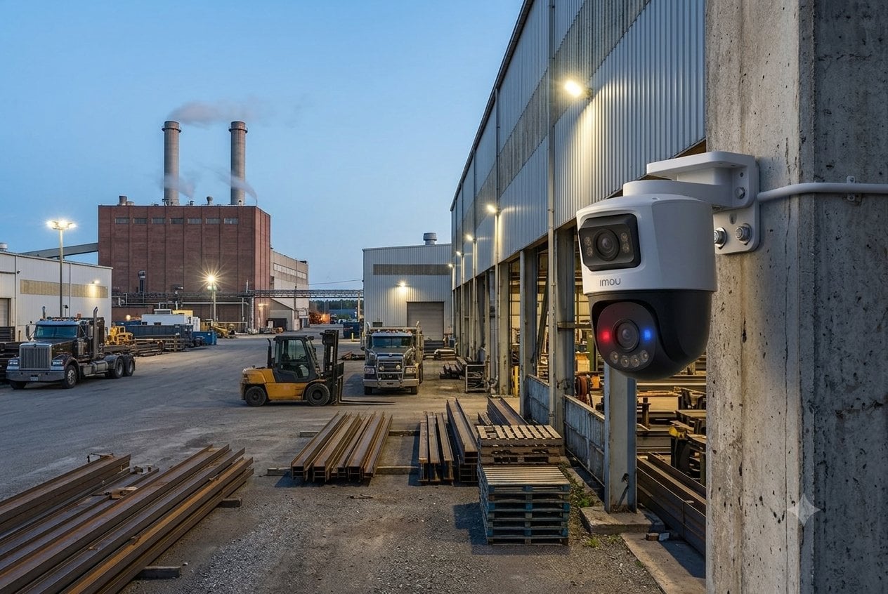 Cámara Imou PS70F instalada en un patio industrial al atardecer
