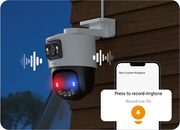 Cámara Imou PS70F de noche con luces de disuasión activa y app grabando un tono de alerta personalizado